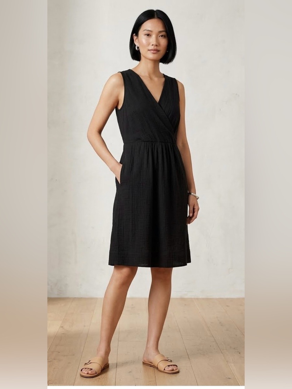 Eileen Fisher Sleeveless Crossover Faux Wrap Surplice V-Neckline Midi Dress